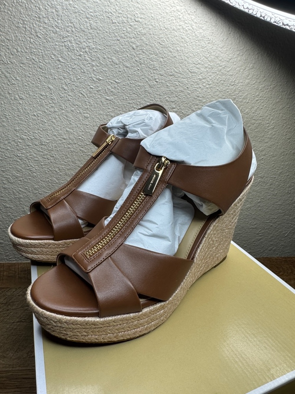 Michael Kors Roslyn Brown Leather Espadrille Wedge Sandals with Gold Zip